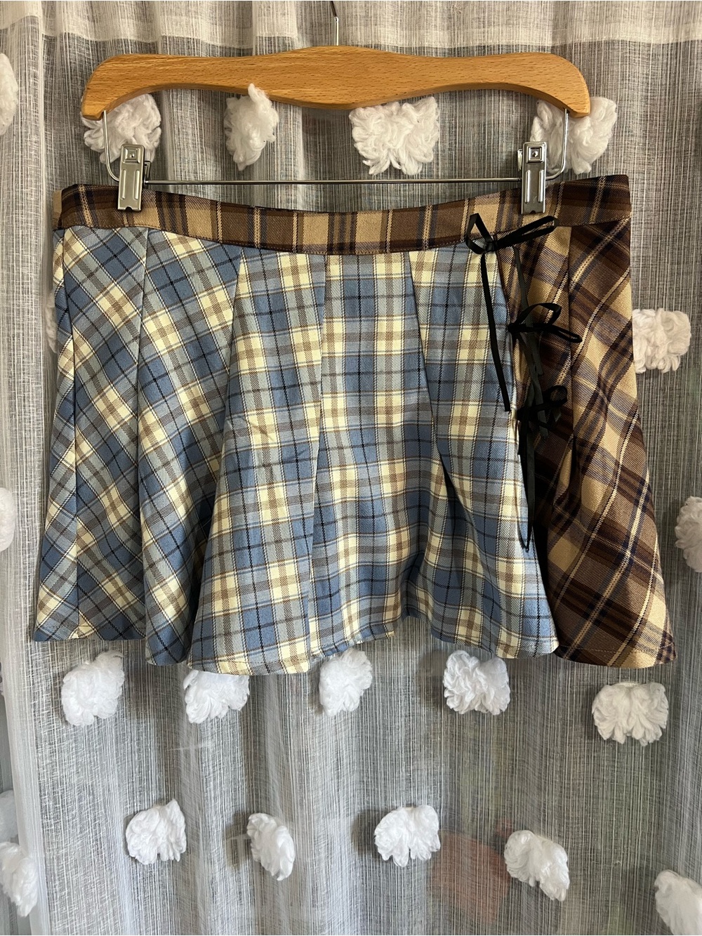 Daisy Street Plaid Mixed-Panel Mini Skirt with Side bows
